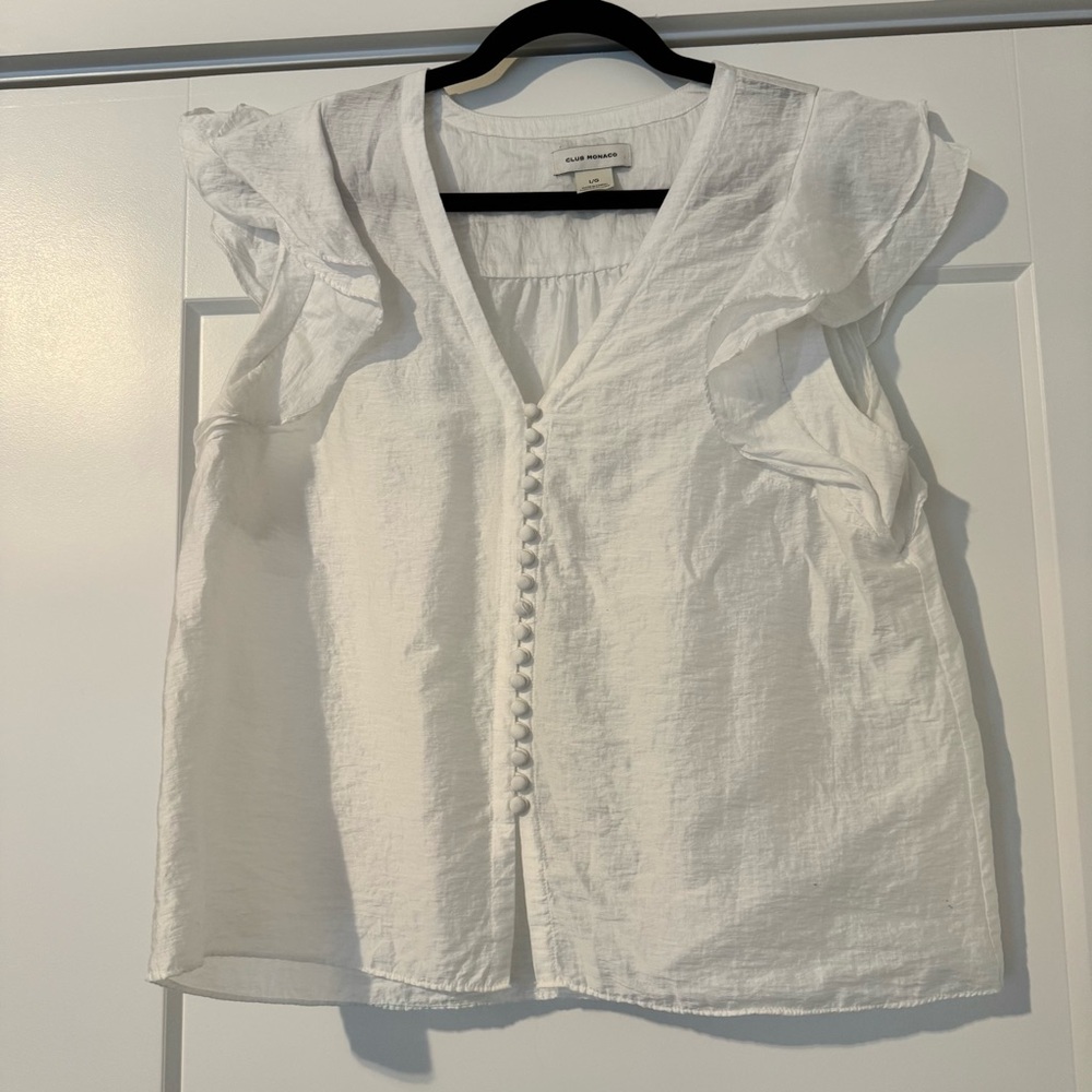 NWOT club Monaco White Button-Front Ruffle Sleeve Top